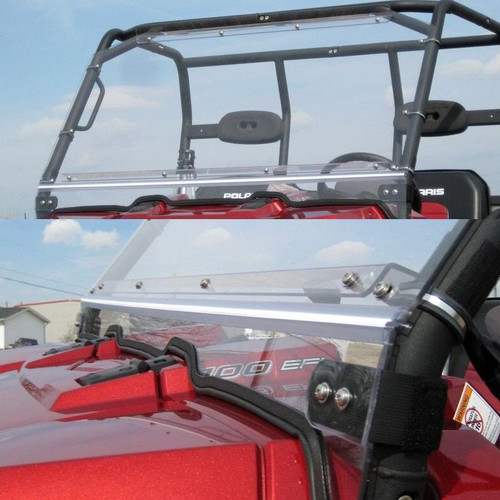 Seizmik folding windshield for the Bobcat 3400 mounted on a red side-by-side, two-photo collage with a hinge close-up