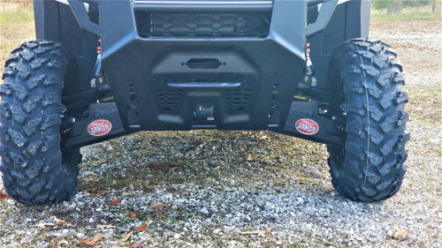 Trail Armor A-arm guards on a Polaris Ranger XP 1000, front view from ground level