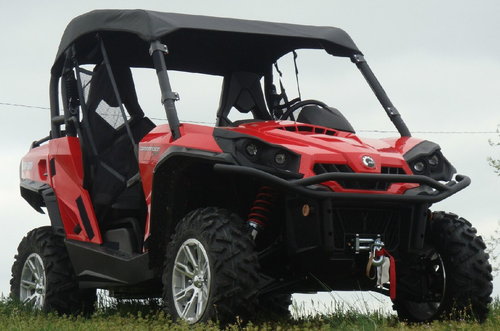 3 Star black soft top for the Can-Am Defender shown on a red Can-Am side-by-side with a winch, front three-quarter view