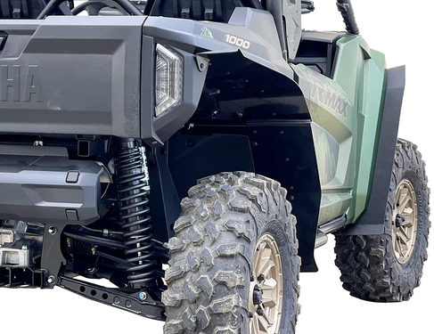 Close-up of the Spike Powersports rear over-fender flare on a green Yamaha R-Max
