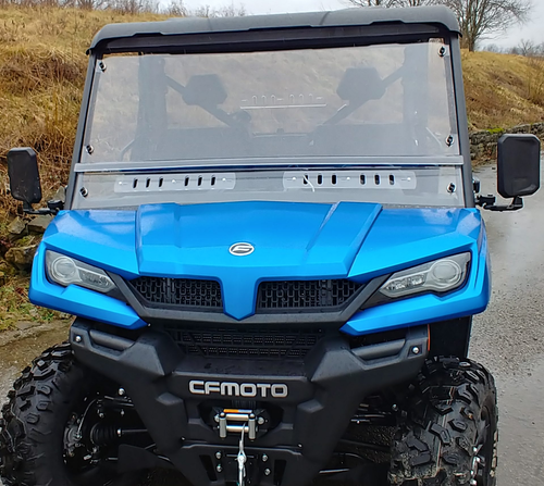 Front view of the blue CF Moto UForce 1000 with the 3 Star 2-piece windshield and vent slots across the lower panel