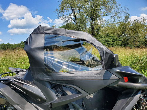 3 Star soft upper door with clear window on a gray CF Moto ZForce 950, side close-up in a field
