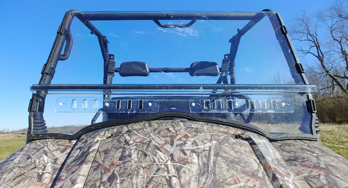 Close-up of the 3 Star 2-piece windshield split seam and vent panel above the camo hood of a Hisun side-by-side