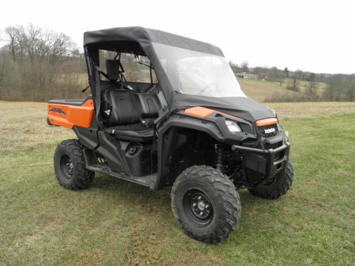 Honda Pioneer 1000 with vinyl windshield, soft top and rear window combo installed, side view of the whole kit