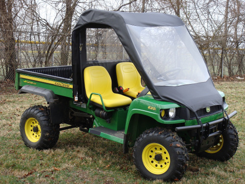 3 Star vinyl windshield and soft top on a John Deere Gator XUV, black top and clear windshield, front 3/4 view