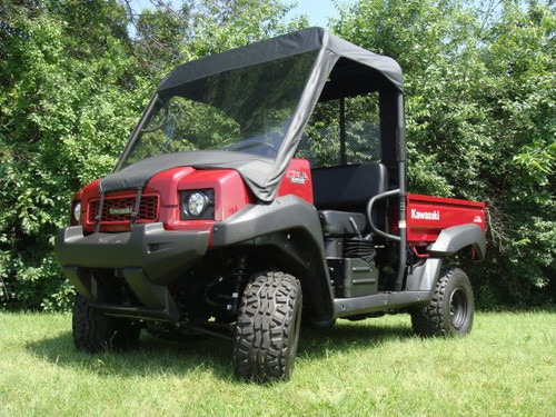 Front three-quarter view of a red Kawasaki Mule 4010 with the 3 Star black vinyl top and clear windshield