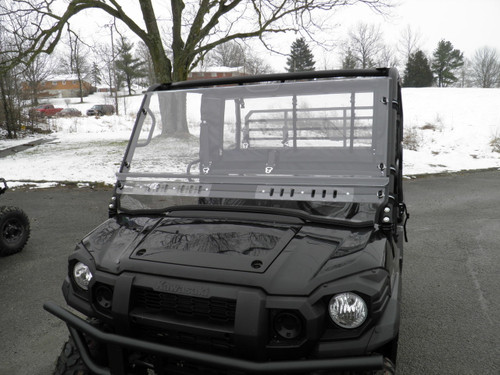 3 Star 2-piece windshield installed on a Kawasaki Mule ProFXT/DXT, front view in a snowy parking lot
