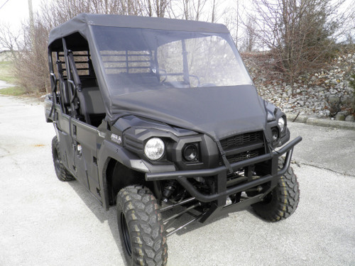 3 Star vinyl windshield and soft top on a black Kawasaki Mule Pro FXT, front 3/4 view on pavement