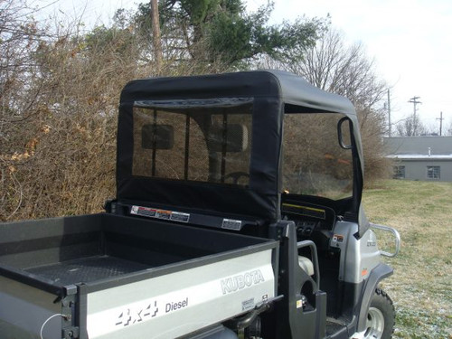 3 Star soft top and rear window with clear panel on an orange Kubota RTV900, rear three-quarter view