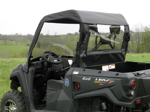 3 Star vinyl windshield, top and rear window combo on a Kymco 450, rear corner view over the cargo bed