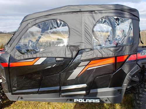 3 Star soft upper doors with clear windows over the factory lower doors on a black and orange Polaris General Crew