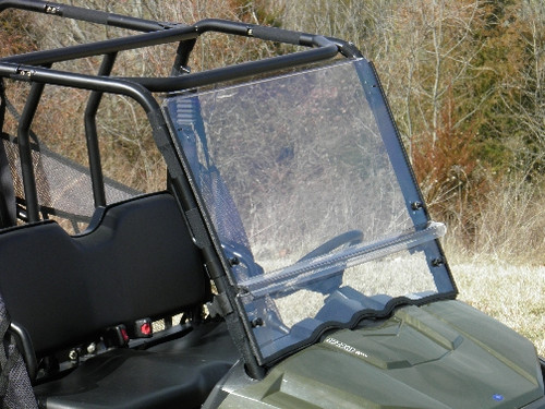 3 Star 2-piece scratch-resistant windshield on a green Polaris Ranger MidSize Crew, front three-quarter view