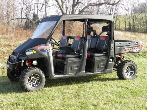 3 Star vinyl windshield, soft top and rear window combo on a Polaris Ranger 570-4 crew cab, front three-quarter view