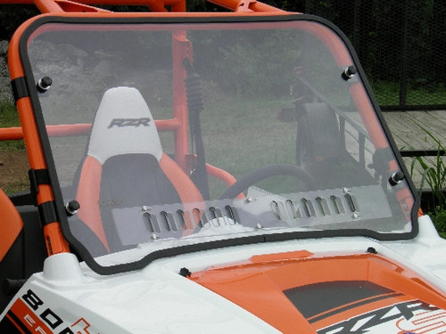 3 Star one-piece windshield with vent slots on an orange and white Polaris RZR 800, front view