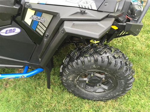 Side view of the Extreme Metal Products fender flare and door on a gray Polaris RZR 900, front wheel below