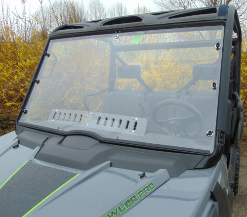 3 Star one-piece windshield installed on a gray Arctic Cat Prowler Pro, front view with vent slot