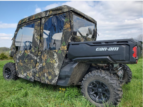 3 Star camouflage full-door cab enclosure on a camouflage Can-Am Defender Max, rear three-quarter view