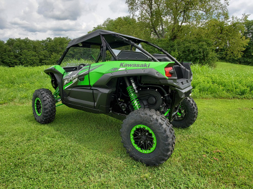 3 Star black soft top on a green Kawasaki KRX, rear 3/4 view on grass