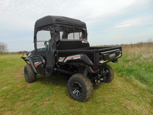 3 Star full cab enclosure soft doors and top on a black Kubota RTV XG850, rear three-quarter view in a field