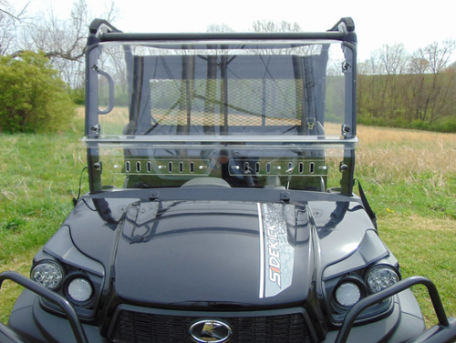 Straight front view of the black Kubota RTV XG850 with the 3 Star two-piece windshield and lower vent panel