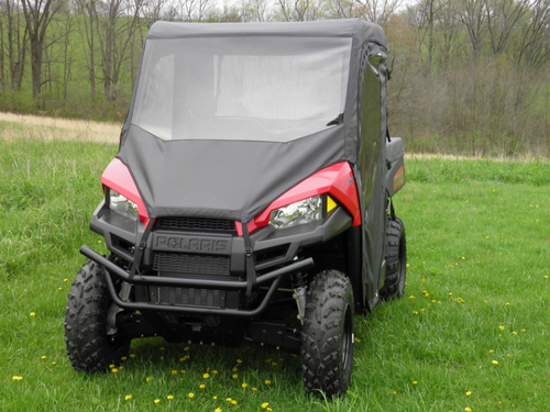 3 Star full cab enclosure with vinyl windshield on a red Polaris Ranger 570 MidSize, straight-on front view