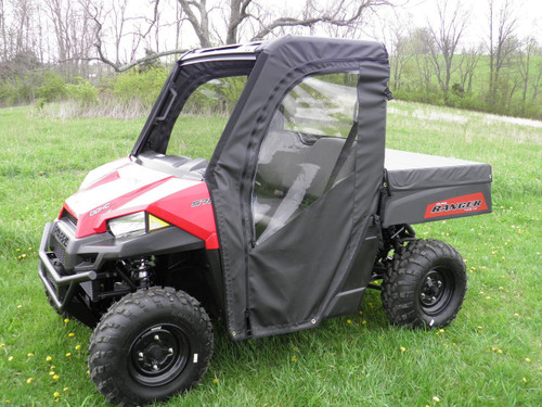 3 Star soft doors on a red Polaris Ranger 570 mid-size, black doors with clear windows, front 3/4 view on grass