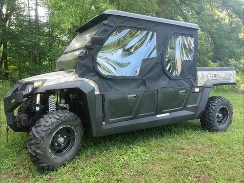 Side X Side full cab enclosure with clear windows on a camo Hisun Sector 1000 Crew under the hard roof, driver side view