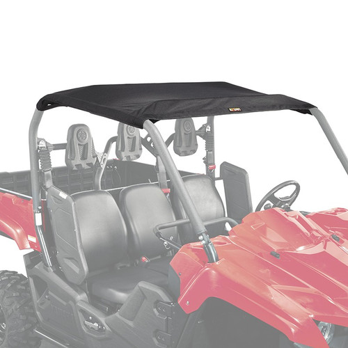 Kolpin black bimini top installed on a red Yamaha Viking with three seats, front three-quarter view on white