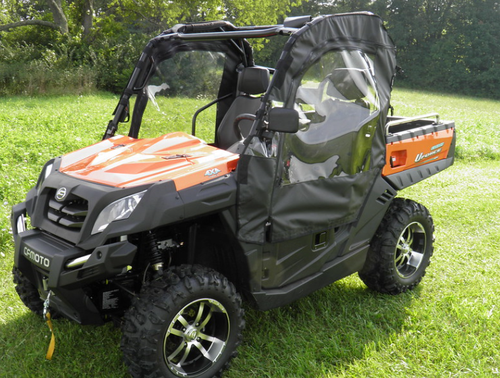 3 Star soft upper doors and rear window installed on an orange CF Moto UForce, front three-quarter view on a lawn