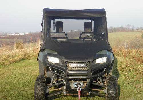 3 Star full cab enclosure with vinyl windshield on a black Honda Pioneer 700-4, straight-on front view