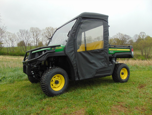 Front side angle of the John Deere Gator XUV 835/865 with the 3 Star soft door and clear window