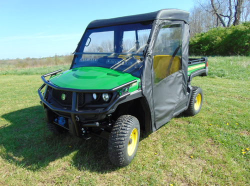 3 Star soft doors and rear window installed on a green John Deere Gator XUV 835/865, front three-quarter view