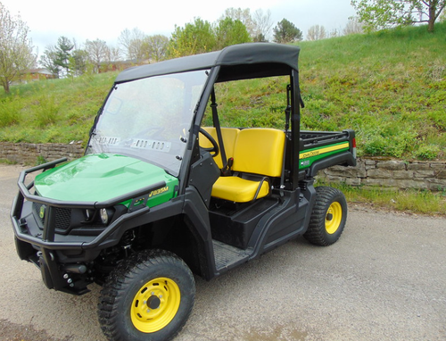 3 Star black soft top installed on a green and yellow John Deere Gator 835 with windshield, front three-quarter view