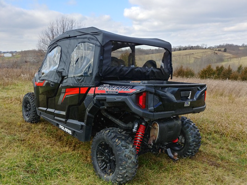 3 Star full cab enclosure for hard windshield on a Polaris General Crew, rear three-quarter view