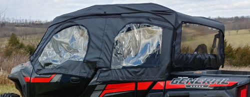 3 Star soft doors and rear window combo on a Polaris General Crew, side close-up of the clear door windows