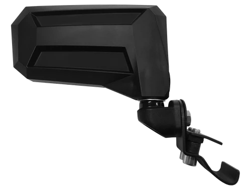 Spike Reflex side view mirror seen from behind, black housing with black inserts and Pro-Fit clamp mount, angled on white
