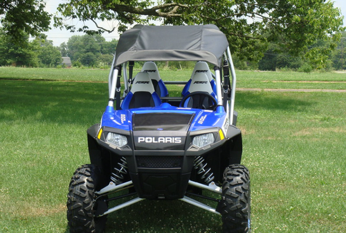 Front view of a blue four-seat Polaris RZR with silver cage wearing the 3 Star black soft top