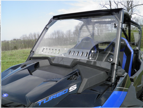 3 Star scratch-resistant one-piece windshield on a blue Polaris RZR XP Turbo S, front view with lower vent slots