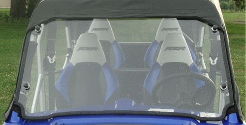 3 Star one-piece windshield on a Polaris RZR XP900-4, close front view with blue and white seats visible through it