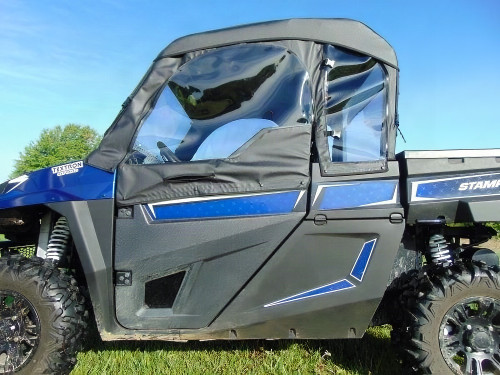 3 Star soft doors kit on a blue Arctic Cat Stampede, close side view of the black door with clear zip-open window