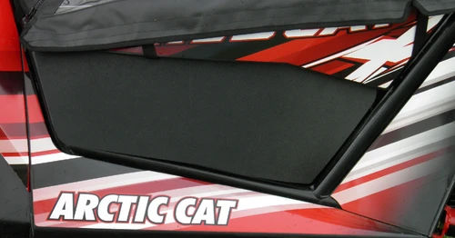 3 Star black ABS lower door insert installed in the tube door of a red Arctic Cat Wildcat, close side view