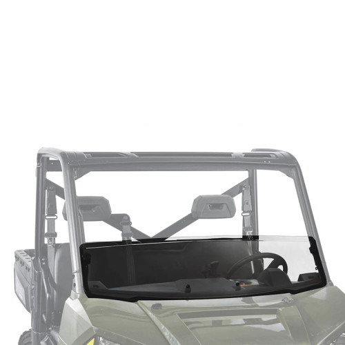 Kolpin half fixed windshield on a Polaris Ranger, tinted lower pane across the cab front with the machine faded gray behind