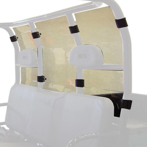 Kolpin rear window shown on a faded white Polaris Ranger outline to highlight the clear panel and black frame straps
