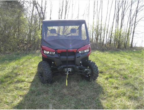 3 Star vinyl windshield, top and rear window combo on a red Can-Am Defender, straight-on front view