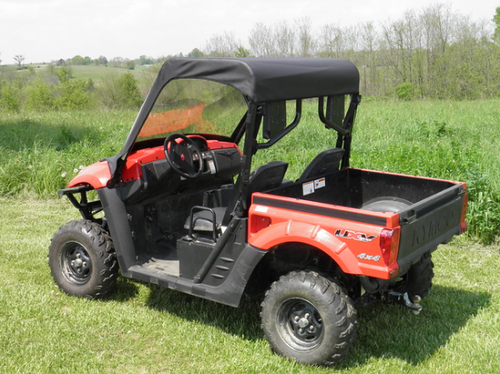 3 Star vinyl windshield and top combo on a red Kymco 500, rear three-quarter view in tall grass