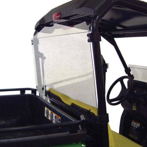Kolpin clear rear window installed on a John Deere side-by-side with yellow seats, side view from the cargo bed
