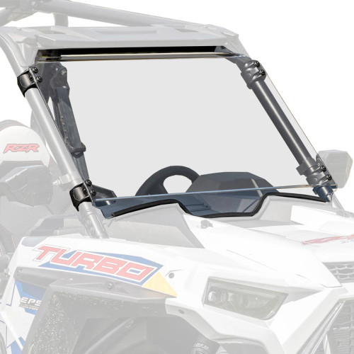 Kolpin full fixed windshield installed on a white Polaris RZR XP Turbo, front three-quarter view with cage clamps