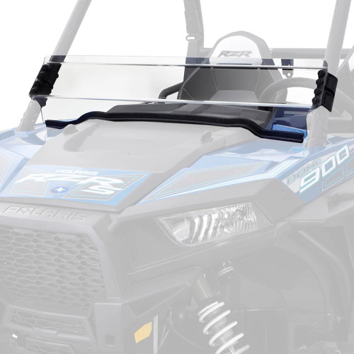 Kolpin fixed half windshield installed on a blue Polaris RZR, front three-quarter view over the hood and headlight