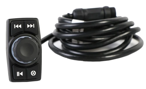 Pro Armor Bluetooth media controller with rotary knob and playback buttons and its coiled cable