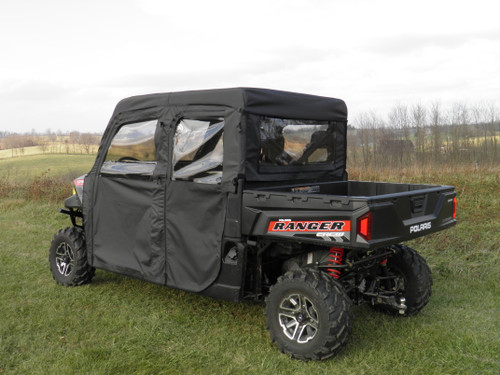 Polaris Ranger 1000 Crew with soft doors and rear window combo installed, rear three-quarter view of the whole kit
